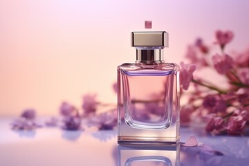 Obraz na płótnie Canvas bottle of perfume and beautiful blossoming lilac on color background, Ai Generated