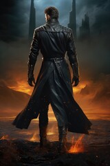 Rogue handsome man rear back view. looking over his shoulder. black latex suit cape. noir fantasy sci fi. Superhero, antihero, superpowers, hero, villain, rogue, fantasy action pose fiction costume.  - obrazy, fototapety, plakaty