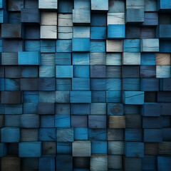 Fondo con detalle y textura de multitud de piezas de madera de formas cuadradas, con diferentes tonos de azul
