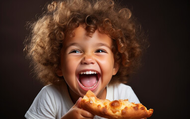 Funny child girl is eating a pizza