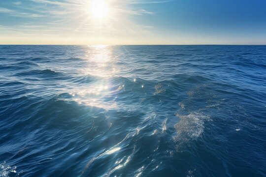 Blue sea with rippled shadows and sun rays depicting a serene nature seascape and ocean. Generative AI