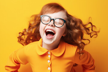 Ginger girl with down syndrome laughs on a yellow background