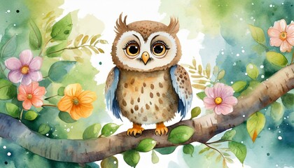 Cute Baby Owl Illustration in Children's Book Style, Watercolor Effect