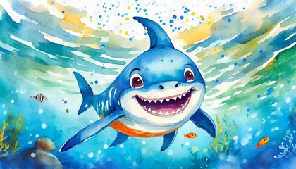 Cute Baby Shark Illustration in Children's Book Style, Watercolor Effect