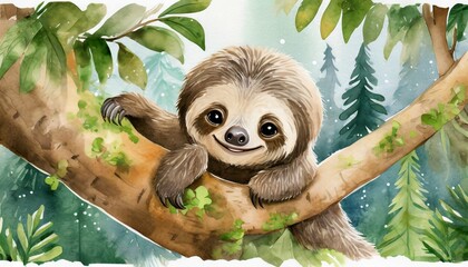 Cute Baby Sloth Illustration in Children's Book Style, Watercolor Effect