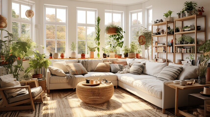 Stylish scandinavian living room with design furniture, plants, bookstand and wooden desk. Modern decor of bright room. Created with Generative AI