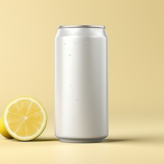 Lemon soda can mockup on yellow background, 3d illustration, Ai Generated
