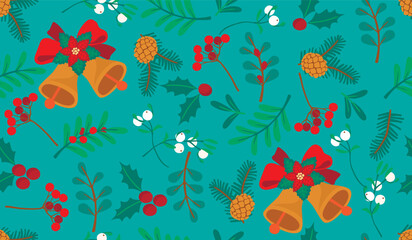 Festive cartoon seamless pattern with bells, poinsettia, red berries, pine cone,holly,mistletoe.Christmas floral background for printing on fabric and paper.Vector winter holidays illustration.
