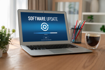 Software update on computer for modish version of device software upgrade - obrazy, fototapety, plakaty