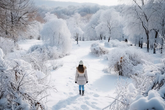 A lonely girl walks through a snowy park among frost-covered trees