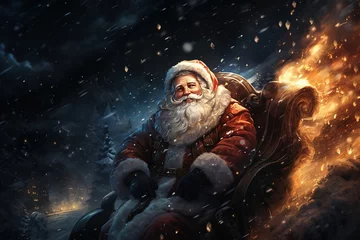 Fotobehang Santa Claus races on a sleigh at night through a blizzard © Volodymyr