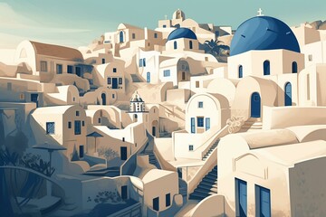 Cartoon depiction of Santorini's architecture. Generative AI