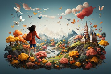 A girl walks towards an illusory, fantastic, unusual world, illustration