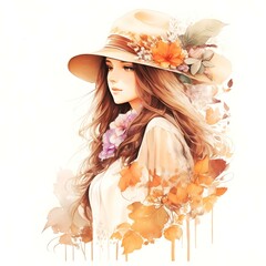 Watercolor portrait of a beautiful woman with long brown hair wearing stylish clothes, a hat, on a background of autumn leaves. Banner, postcard, invitation