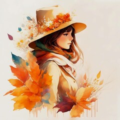 Watercolor portrait of a beautiful woman in a hat and scarf  with leaves. Autumn background. Banner, postcard, invitation 