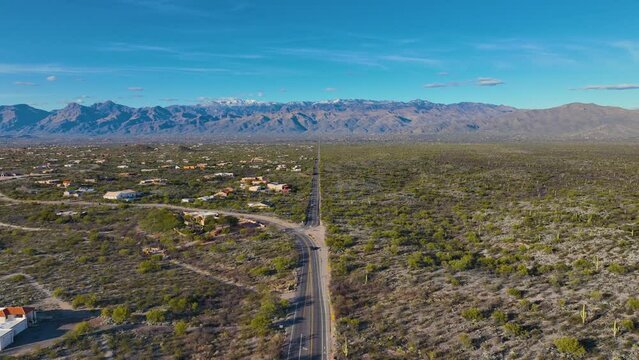Flying over Old Spanish Trail and Mt Lemmon in Santa Catalina Mountains with Sonoran Desert landscape near in Saguaro National Park east in city of Tucson, Arizona AZ, USA.