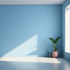 Fondo con detalle de pared interior de color azul claro, con planta, ventana y entrada de luz natural
