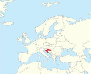 Red CMYK national map of CROATIA inside simplified beige blank political map of European continent on blue background using Winkel Tripel projection