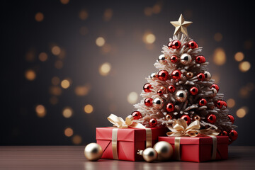 Background of christmas tree and red gift box on a christmas empty background with copy space