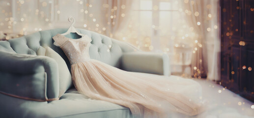 immagine con elegante abito da sera femminile adagiato su un divano, ambiente lussuoso e raffinato - obrazy, fototapety, plakaty
