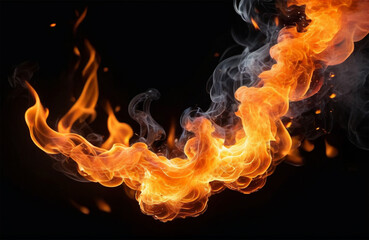 Fototapeta premium Realistic fire sparks orange flame light and smoke on black background