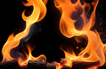 Fototapeta premium Realistic fire sparks orange flame light and smoke on black background