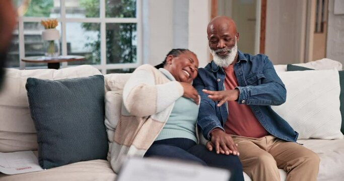 Senior couple, happy and in therapy with a psychologist for communication help and a consultation. Laughing, support and an African elderly man and woman speaking in counseling with a therapist