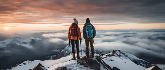Triumphant couple of hikers embrace victorious summit at winter sunrise, savoring majestic view - obrazy, fototapety, plakaty