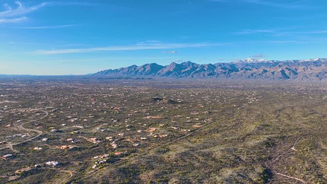 Aerial view of Sonoran Desert landscape with Mt Lemmon in Santa Catalina Mountains near Saguaro National Park east in city of Tucson, Arizona AZ, USA.
