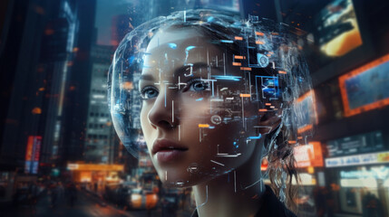 Potential of artificial intelligence in a futuristic setting, featuring sophisticated AI interfaces and human interaction. Innovative technologies