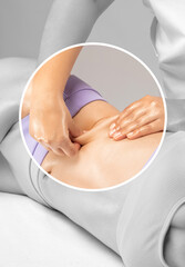The masseur makes a massage on the abdomen, waist and hips in the spa. Overweight treatment, body...