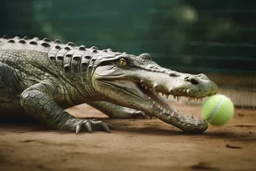 Fototapeten Image of a crocodile playing tennis at the center court. Generative AI © Benjamin