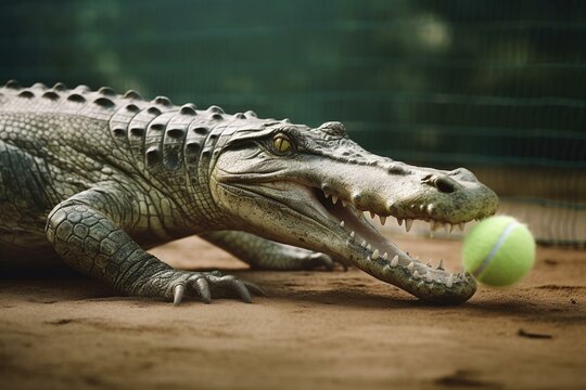 Image of a crocodile playing tennis at the center court. Generative AI
