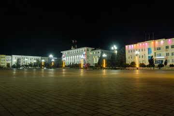 Russia. Dagestan. October 27, 2022. Night illumination of buildings on Lenin Square in Makhachkala.