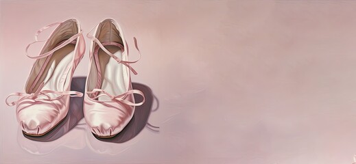 Banner with ballet pointe shoes on a light pink background. Space for text