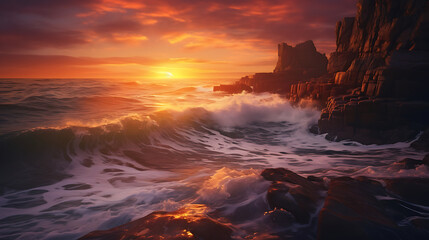 a coastal landscape at sunset, with waves crashing against rocky cliffs, and the sky painted in shades of orange and purple, capturing the drama and beauty of the ocean meeting the land
