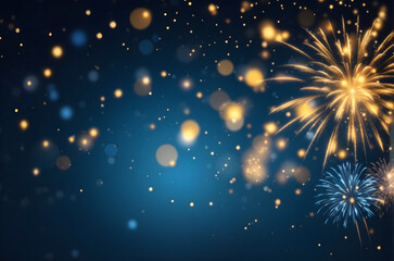 Fototapeta na wymiar Beautiful gold and blue sky fireworks with bokeh in New Year and copy space. Abstract background holiday.