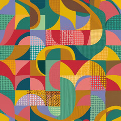 Vector seamless pattern of colored abstract geometric shapes and grid wicker