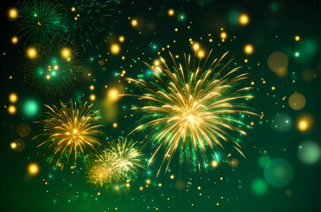 Beautiful gold and green fireworks with bokeh in New Year and copy space. Abstract background holiday.