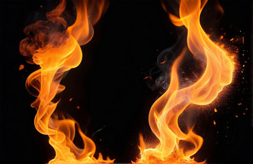realistic fire sparks orange flame light and smoke on black background