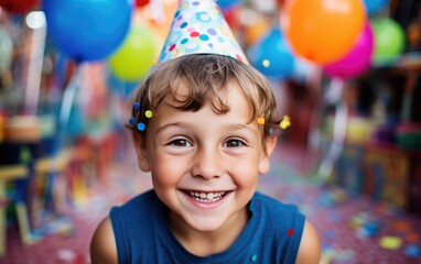 Fototapeta na wymiar Happy and smiling child boy celebrating his birthday, vibrant colors