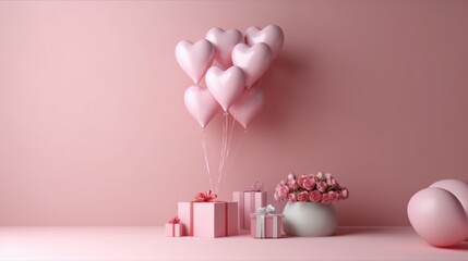 Gift Box and Heart Shape on Pink Background. AI Generated