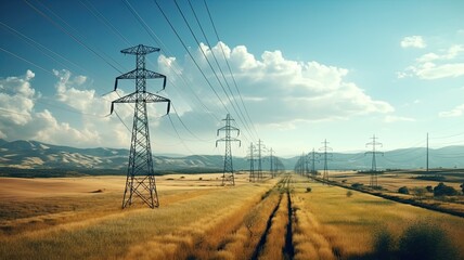 a straight row of high voltage pylons in the midst of a vast rural landscape, highlighting the long-reaching power lines disappearing into the horizon.