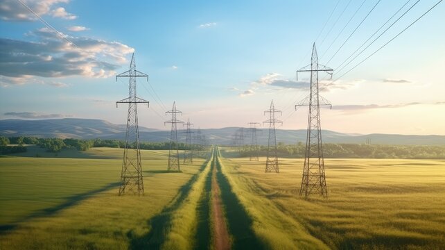 a straight row of high voltage pylons in the midst of a vast rural landscape, highlighting the long-reaching power lines disappearing into the horizon.