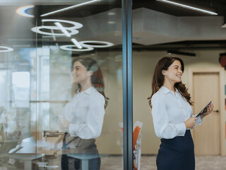 Obraz premium Young woman with digital tablet walking in the modern office hallway
