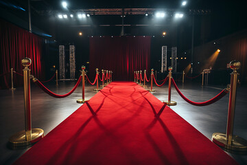 Red carpet with golden barriers and red ropes. Marking the route for celebrities, heads of state on ceremonial events, formal occasions. Red carpet entry, a way to success, VIP persons party entrance - obrazy, fototapety, plakaty
