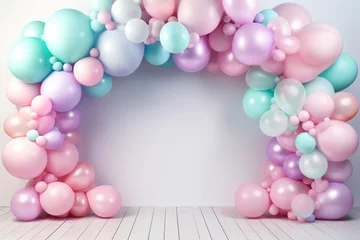 Fotobehang Helium balloons arch on pastel background. Wall decorated with colorful balloons for birthday party, baby shower, wedding. Mockup, template for greeting card. Composition with balloons, space for text © Magryt