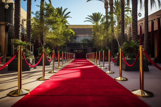 Red carpet with golden barriers and red ropes. Marking the route for celebrities, heads of state on ceremonial events, formal occasions. Red carpet entry, a way to success, VIP persons party entrance