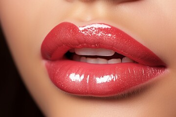 Obraz premium Young woman applying lip gloss very closeup, woman glossy lip closeup, glossy lip, red glossy lip, woman lip, beautiful woman lip, woman lip makeup