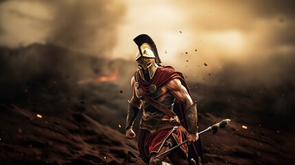 Generative AI, Realistic illustration of a fierce gladiator attacking, running. Armoured roman gladiator in combat wielding a sword charging towards his enemy.	
 - obrazy, fototapety, plakaty